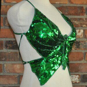 Green Sequin Butterfly Tank Top, Back Ribbon, Summer Festival Built in Cup, M